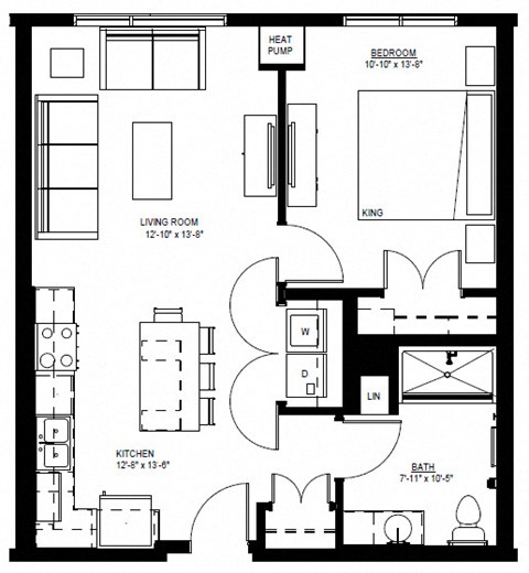 Floor plan for 1 bed, 1 bath, 706 sqft